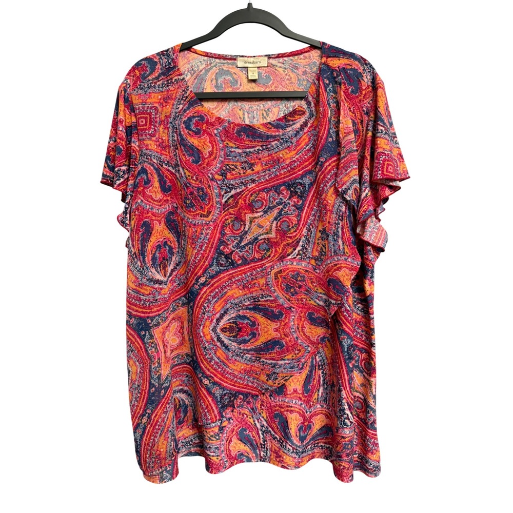Dressbarn 3X Paisley Print Flutter Sleeve Draped Overlay Top Pink Orange Artsy
